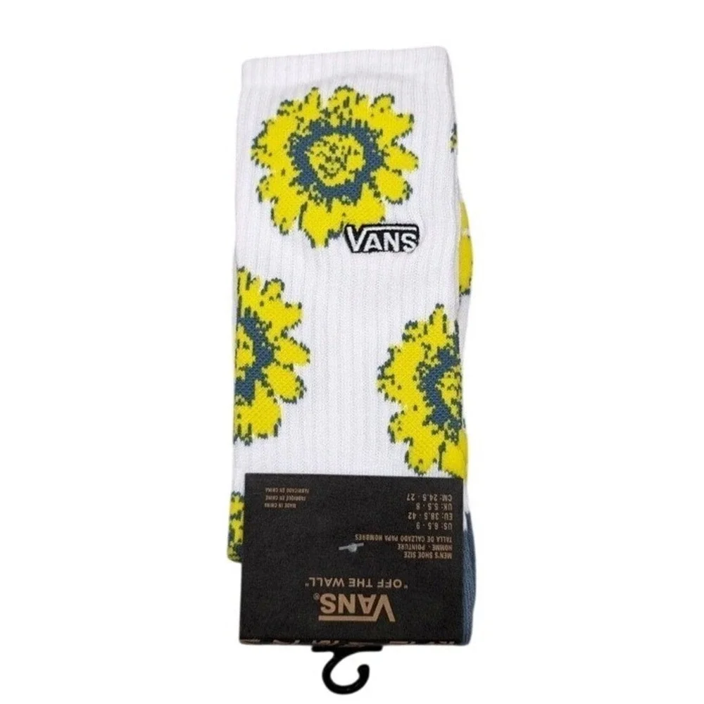 Vans Crew Socks Mens Womens 6.5-9 White Yellow Daisy Sunflower Floral Print New